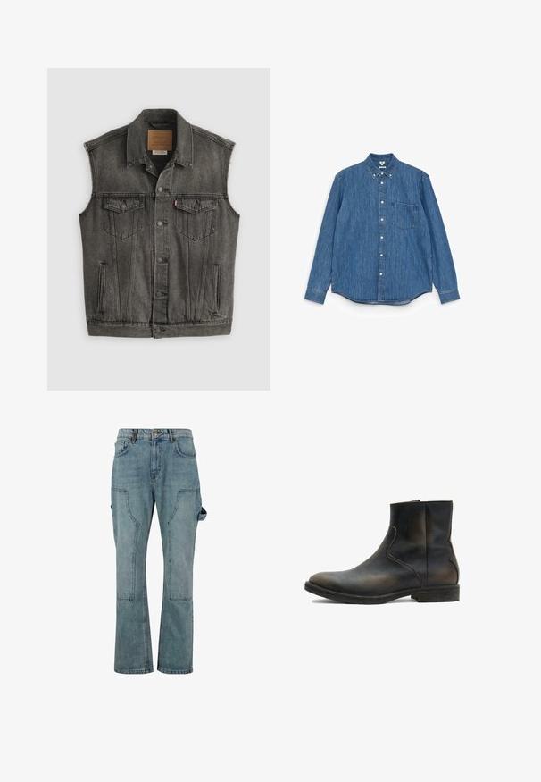 Chaleco vaquero sin mangas negro descolorido con cierre frontal de botones y dos bolsillos en el pecho con botones, colocado plano sobre fondo blanco.; Camisa de mezclilla azul de manga larga con cuello puntiagudo, botones blancos, un bolsillo en el pecho y un dobladillo recto. Textura uniforme y peso medio.; Pantalones cargo de mezclilla azul claro con un diseño de pierna recta, que cuentan con múltiples bolsillos y un cierre de botón en la cintura.; AllSaints LANG - Botines - brown