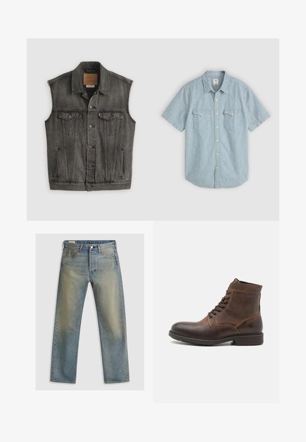 Veste en jean noire délavée sans manches avec fermeture frontale à boutons et deux poches poitrine à boutons, posée à plat sur fond blanc.; Chemise à manches courtes bleu clair à rayures blanches, dotée d'un col traditionnel, de deux poches poitrine et d'une fermeture à boutons. Matière coton.; Jean en denim bleu clair, coupe droite, avec un lavage délavé, fermeture à bouton en métal et coutures orange sur les poches.; Jack & Jones JFWDELANEY BOOT - Bottines à lacets - cognac