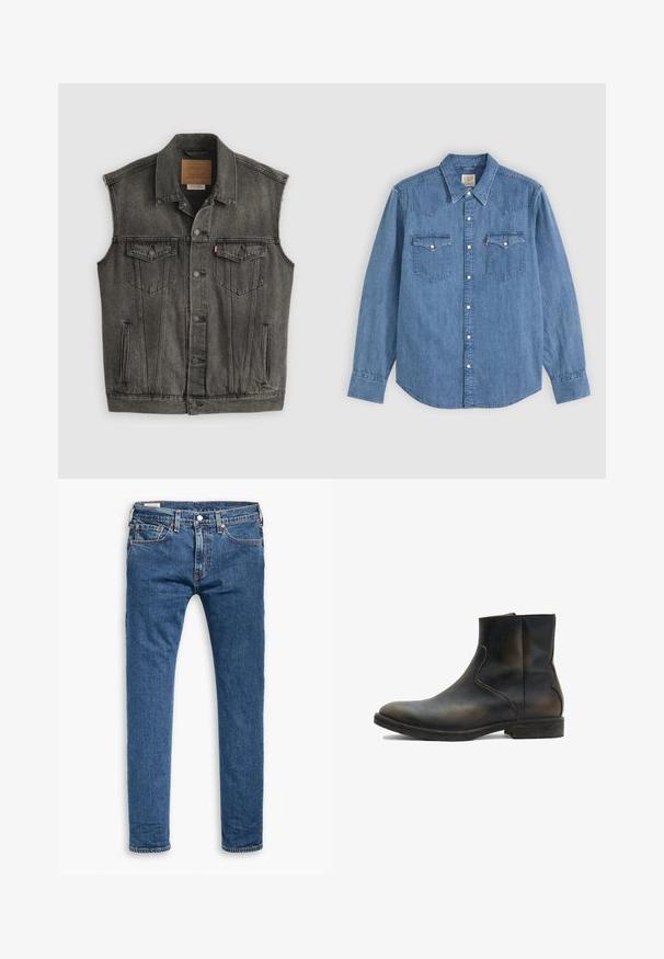 Veste en jean noire délavée sans manches avec fermeture frontale à boutons et deux poches poitrine à boutons, posée à plat sur fond blanc.; Chemise en denim bleu à manches longues avec col pointu, devant boutonné et deux poches poitrine avec rabats à boutons sur fond uni.; Jeans slim fit en denim bleu avec cinq poches, bouton avant et passants de ceinture, présentés à plat sur un fond blanc.; AllSaints LANG - Bottines - brown