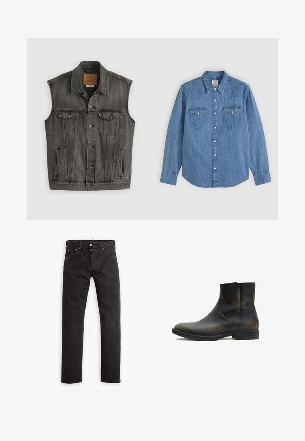 Sort falmet ærmeløs denimvest med knaplukning foran og to knappede brystlommer, lagt fladt på hvid baggrund.; Langærmet blå denimskjorte med spids krave, knappet front og to brystlommer med knapklapper på ensfarvet baggrund.; Sorte slim-fit jeans med knapåbning, fem lommer og kobbernitter liggende fladt på en hvid baggrund.; AllSaints LANG - Støvletter - brown