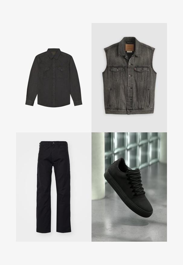 Sort falmet ærmeløs denimvest med knaplukning foran og to knappede brystlommer, lagt fladt på hvid baggrund.; Mørkegrå skjorte med lange ærmer, knapper, spidst krave og to forlommer med klapper og knapper samt synlige syningsdetaljer.; Sorte lærredsbukser med lige ben-design, der har en frontknaplukning, bæltestropper og sidelommer. Teksturen er glat og holdbar.; Mat sort sneaker med tyk sål og sorte snørebånd, der svæver over en glat grå gulv, med glasstensvæg og hvid søjle i baggrunden.