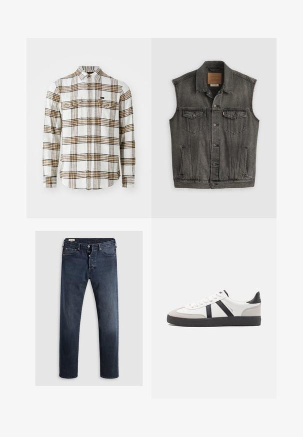 Sort falmet ærmeløs denimvest med knaplukning foran og to knappede brystlommer, lagt fladt på hvid baggrund.; Lee CLEAN WESTERN - Skjorter - ecru ochre plaid; Mørkeblue denimjeans med lige ben, der har lynlås i fly, metalknapper og kobbernitter. Glat tekstur, ingen synlige mønstre.; Hvide sneakers med sorte og grå detaljer, med en tekstureret grå tåhætte, sort gummisål og flade hvide snørebånd. Rent design, minimalistisk stil.