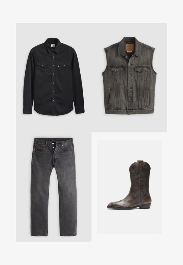 Zwarte vervaagde mouwloze spijkervest met knopen aan de voorkant en twee met knopen gesloten borstzakken, plat gelegd op een witte achtergrond.; Zwart denim shirt met een knoopsluiting aan de voorkant, twee borstzakken en een puntige kraag met zichtbare stikselaccenten.; Verbleekte zwarte spijkerbroek van denim met een rechte pijp, knoopsluiting en koperen klinknagels. Voorzien van vijf zakken en subtiele slijtagepatronen.; Bruine leren cowboylaars met een hoge schacht, spitse neus, ingewikkelde stikpatronen en een kleine hak. Gevarieerde afwerking overal.