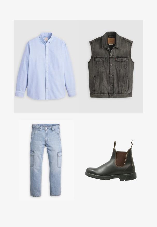 Veste en jean noire délavée sans manches avec fermeture frontale à boutons et deux poches poitrine à boutons, posée à plat sur fond blanc.; Chemise à manches longues bleu clair, en coton, avec un col classique et une broderie de marque discrète sur la poitrine gauche.; Pantalons cargo en denim bleu clair avec six poches, coupe droite et coutures contrastées. Dispose d'une fermeture à boutons et de passants de ceinture.; Bottines Chelsea en cuir noir lisse avec des panneaux élastiques marron sur les côtés, des coutures contrastantes et une semelle en caoutchouc texturée.