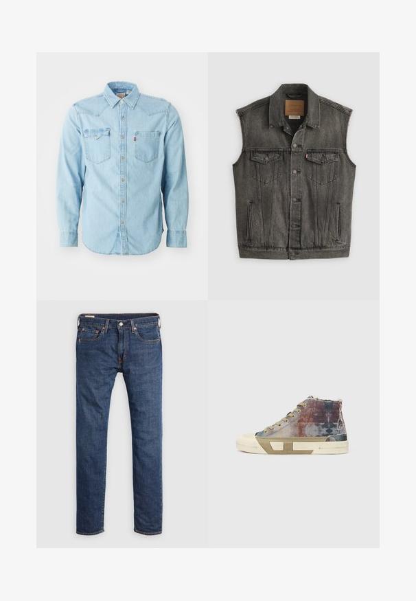 Sort falmet ærmeløs denimvest med knaplukning foran og to knappede brystlommer, lagt fladt på hvid baggrund.; Lys blå denim skjorte med lange ærmer, spids krave, to brystlommer, sølvnapsknapper og kontrastsyninger. Glat tekstur.; Mørkeblå denimjeans med lige ben. Indeholder forlommer, lukning med metalknap og kontrasterende gule syninger.; Høje sneakers med en multifarvet lærredsoverdel med falmede mønstre, beige sål og minimalistisk design. Eksponeret syning og detaljer.