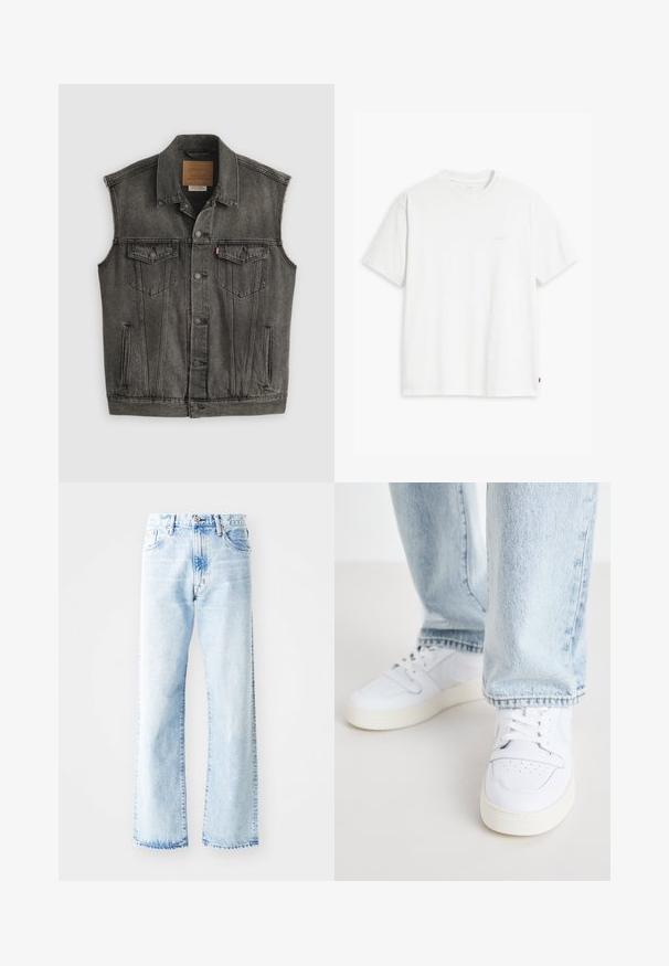 Veste en jean noire délavée sans manches avec fermeture frontale à boutons et deux poches poitrine à boutons, posée à plat sur fond blanc.; T-shirt en coton blanc à manches courtes, col rond, avec un logo "Levi's" discret imprimé en couleur claire sur le devant.; Jean en denim bleu clair, taille haute, avec une coupe droite. Fabriqué en denim avec un délavage usé et des ourlets bruts. Design classique à cinq poches.; Baskets basses en cuir blanc avec un bout perforé, des lacets plats et un design minimaliste. Associées à un jean en denim bleu clair.