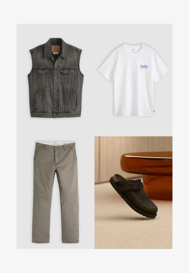 Veste en jean noire délavée sans manches avec fermeture frontale à boutons et deux poches poitrine à boutons, posée à plat sur fond blanc.; T-shirt blanc à manches courtes Levi's avec texte logo bleu sur le côté gauche de la poitrine et petite étiquette rouge sur la couture latérale, sur un fond gris clair.; Pantalon droit kaki pour homme avec poches avant, passants pour ceinture et fermeture par bouton, étalé à plat sur un fond blanc.; Chaussure à enfiler marron foncé avec bride à boucle et semelle rainurée, exposée sur un tapis beige près d'une table ronde couleur ambre.
