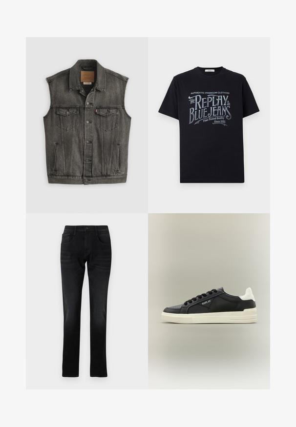 Schwarz ausgewaschene ärmellose Jeansweste mit Knopfleiste vorne und zwei aufgesetzten Brusttaschen mit Knöpfen, flach auf weißem Hintergrund liegend.; Schwarzes Baumwoll-T-Shirt mit kurzen Ärmeln und rundem Halsausschnitt, mit einem grafischen Textdesign im Vintage-Stil in Weiß und hellblau auf der Vorderseite.; Schwarze Jeans aus Denim mit geradem Schnitt, Fronttaschen und einem einzelnen Knopfverschluss. Verfügt über subtile Verblassungen und Näh-Details.; Schwarzer Ledersneaker mit weißer Ferse, rundem Zeh, perforierten Details, schwarzen Schnürsenkeln und einer cremefarbenen Gummisohle; mit "REPLAY" Logo.