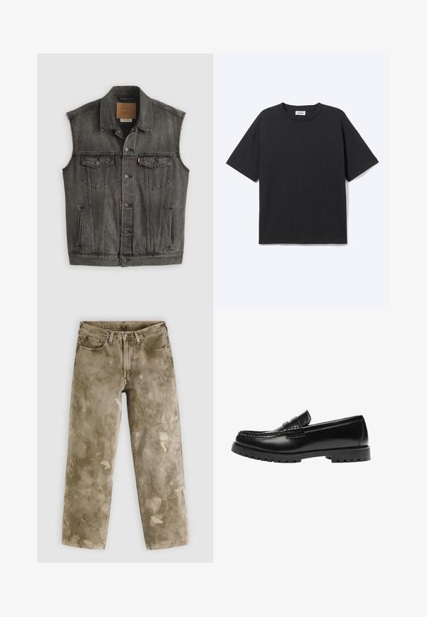 Veste en jean noire délavée sans manches avec fermeture frontale à boutons et deux poches poitrine à boutons, posée à plat sur fond blanc.; T-shirt noir à manches courtes avec col rond, coupe décontractée, vue de face, design uni et étiquette de la marque Weekday visible à l’intérieur du col.; Jean large couleur kaki avec une texture usée, présentant des éclaboussures de peinture claires et un design à cinq poches. Confectionné en denim.; Mocassin en cuir noir avec une semelle en caoutchouc épaisse et un détail classique de bride à monnaie, vu de côté extérieur.