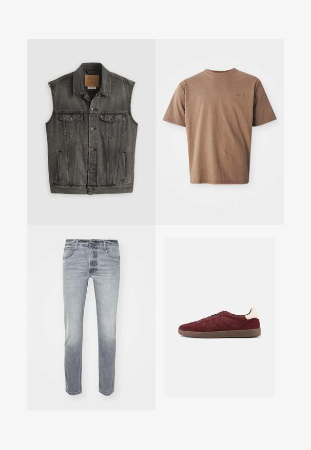 Veste en jean noire délavée sans manches avec fermeture frontale à boutons et deux poches poitrine à boutons, posée à plat sur fond blanc.; T-shirt en coton marron avec un col rond, des manches courtes et un logo brodé discret sur le côté gauche de la poitrine. Texture lisse, coupe décontractée.; Jeans en denim gris avec un léger délavage, dotés d'un design à cinq poches, d'un zip et d'une coupe droite. Texture lisse et détails de coutures minimalistes.; Baskets en daim bordeaux avec fermeture à lacets, détails texturés sur les côtés et accent de talon clair. Semelle en gomme avec une finition lisse.