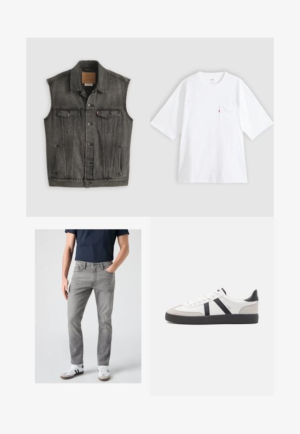 Schwarz ausgewaschene ärmellose Jeansweste mit Knopfleiste vorne und zwei aufgesetzten Brusttaschen mit Knöpfen, flach auf weißem Hintergrund liegend.; Weißes Baumwoll-T-Shirt mit kurzen Ärmeln, rundem Ausschnitt und Brusttasche auf der linken Seite. Mit kleinem rotem Logotag an der Tasche.; Mann trägt graue Slim-Fit-Jeans, weiße Sneaker mit schwarzen Streifen und ein dunkelblaues kurzärmeliges Hemd, steht mit einer Hand in der Tasche.; Weiße Sneaker mit schwarz- und grau-aczenten, ausgestattet mit einer strukturierten grauen Zehenkappe, schwarzer Gummi-Sohle und flachen weißen Schnürsenkeln. Sauberes Design, minimalistische Stil.