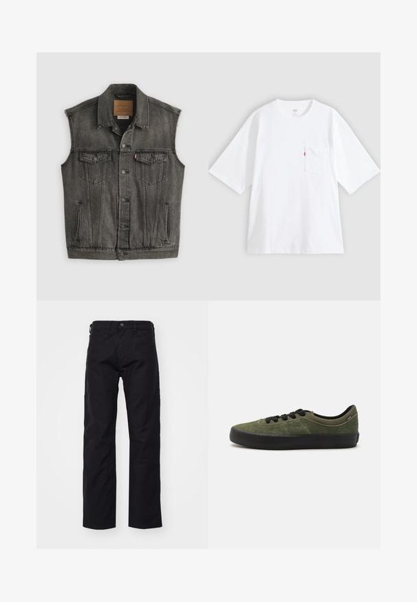 Schwarz ausgewaschene ärmellose Jeansweste mit Knopfleiste vorne und zwei aufgesetzten Brusttaschen mit Knöpfen, flach auf weißem Hintergrund liegend.; Weißes Baumwoll-T-Shirt mit kurzen Ärmeln, rundem Ausschnitt und Brusttasche auf der linken Seite. Mit kleinem rotem Logotag an der Tasche.; Schwarze Canvas-Hosen mit geradem Bein, ausgestattet mit einem frontalen Knopfverschluss, Gürtelschlaufen und Seitentaschen. Die Textur ist glatt und strapazierfähig.; Grüne Wildledersneaker mit schwarzer Gummisohle, flachem Schnürdesign und subtiler Seitenmarkierung. Verfügt über ein strukturiertes Obermaterial und eine stromlinienförmige Form.
