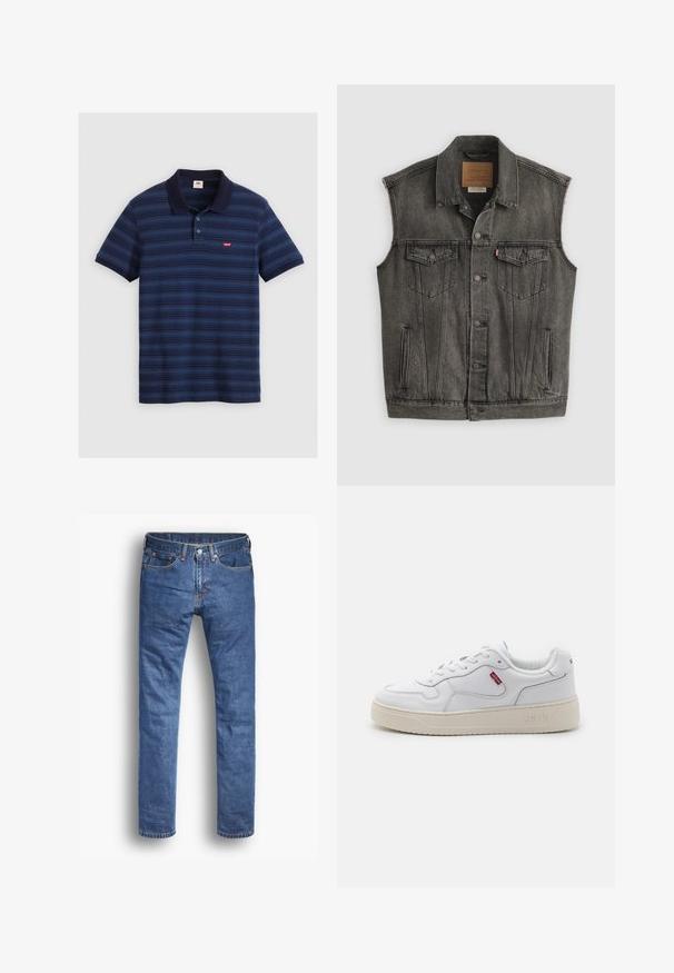 Schwarz ausgewaschene ärmellose Jeansweste mit Knopfleiste vorne und zwei aufgesetzten Brusttaschen mit Knöpfen, flach auf weißem Hintergrund liegend.; Navyblaues Polohemd mit horizontalen Streifen, kurzen Ärmeln, Kragen und einer Drei-Knopf-Leiste. Es hat ein kleines Logo auf der Brust.; Denim-Jeans in einer mittelblauen Waschung mit geradem Bein, ausgestattet mit fünf Taschen, einem Knopf- und Reißverschluss und subtilen Stichakzenten.; Weiße Leder-Sneaker mit strukturiertem Obermaterial, abgerundeter Zehenpartie und beiger Gummisohle. Verfügt über das rote Levi's-Logo an der Seite und einen gepolsterten Schaft.