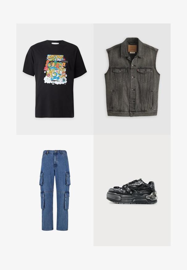 Veste en jean noire délavée sans manches avec fermeture frontale à boutons et deux poches poitrine à boutons, posée à plat sur fond blanc.; T-shirt noir avec un motif cartoon coloré featuring Bugs Bunny et le texte "Ne prends pas la vie trop au sérieux" dans des polices et styles variés.; Pantalons cargo en denim bleu, avec des jambes larges, quatre grandes poches latérales et des coutures contrastées. La texture est lisse avec une finition décolorée.; Baskets chunky noires avec semelle épaisse, lacets, sangles texturées et détails métalliques au talon et sur les côtés sur un fond clair.