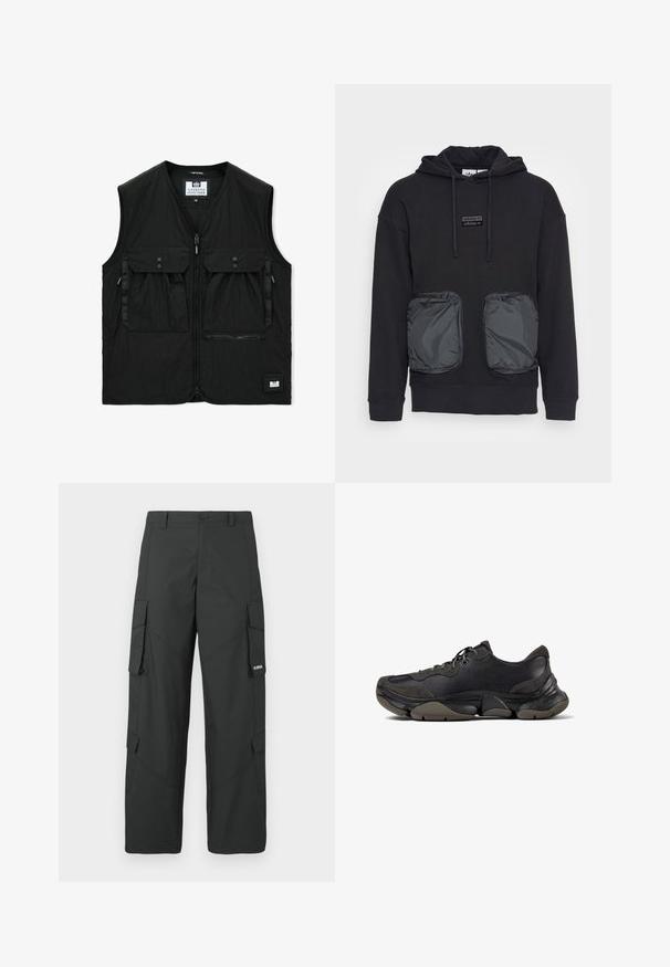 Chaleco negro sin mangas con cremallera frontal, dos grandes bolsillos con solapa y botones, un bolsillo con cremallera y un pequeño parche con el logo en el dobladillo.; Sudadera negra con capucha y corte holgado, con dos grandes bolsillos delanteros con cremallera en un material brillante. Pequeño parche con el logo encima de los bolsillos.; Pantalones cargo rectos negros con bolsillos laterales con solapa, cierre de botón, trabillas para cinturón y pequeño logo blanco en la solapa del bolsillo derecho.; Zapatilla deportiva negra con suela texturizada, parte superior de cuero y gamuza, cuello acolchado y cierre con cordones, mostrada en perfil lateral.