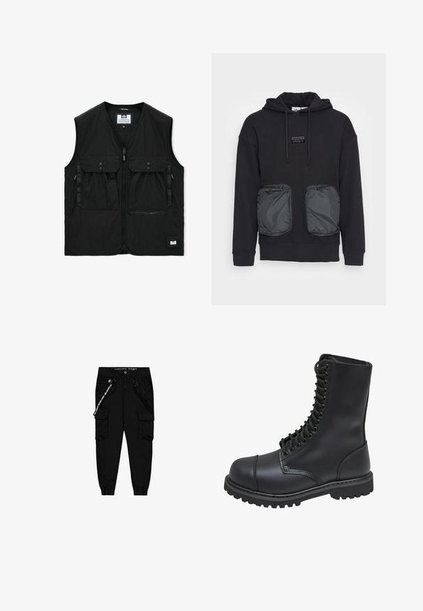 Schwarze ärmellose Weste mit Frontreißverschluss, zwei großen Klappentaschen mit Knöpfen, einer Reißverschlusstasche und einem kleinen Logoaufnäher am Saum.; Schwarzer Kapuzenpullover mit lässiger Passform, ausgestattet mit zwei großen Reißverschlusstaschen aus glänzendem Material auf der Vorderseite. Kleines Logopatch über den Taschen.; Schwarze Cargo-Hose aus leichtem Stoff, mit zwei Seitentaschen, einem elastischen Bund und verstellbaren Beinabschlüssen.; Schwarze Lederkampfstiefel mit hohem Schaft, Schnürung an der Vorderseite, gepolstertem Kragen und rutschfester, strukturierter Sohle für guten Halt. Mit verstärkter Zehenkappe.