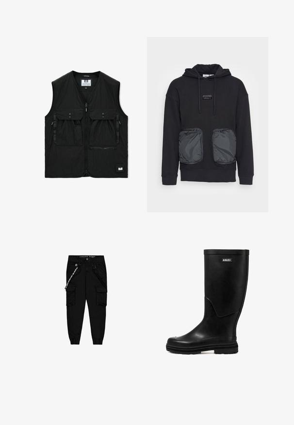 Schwarze ärmellose Weste mit Frontreißverschluss, zwei großen Klappentaschen mit Knöpfen, einer Reißverschlusstasche und einem kleinen Logoaufnäher am Saum.; Schwarzer Kapuzenpullover mit lässiger Passform, ausgestattet mit zwei großen Reißverschlusstaschen aus glänzendem Material auf der Vorderseite. Kleines Logopatch über den Taschen.; Schwarze Cargo-Hose aus leichtem Stoff, mit zwei Seitentaschen, einem elastischen Bund und verstellbaren Beinabschlüssen.; Schwarzer Gummi-Regenstiefel mit glatter Textur, runder Zehenform und einem Logo-Patch. Verfügt über eine mittelhohe Schafthöhe und eine strukturierte Sohle für besseren Halt.