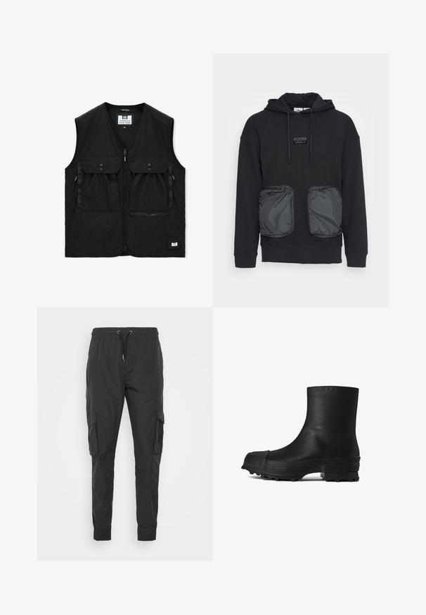 Zwart mouwloos vest met ritssluiting aan de voorkant, twee grote klepzakken met knopen, een ritsvak en een klein logopatch aan de zoom.; Zwarte hoodie met een ontspannen pasvorm, voorzien van twee grote met rits afsluitbare zakken van glanzend materiaal aan de voorkant. Klein logo-patch boven de zakken.; Zwarte cargobroek van lichtgewicht stof, met een verstelbare trekkoord taille, elastische manchetten en twee zijzakken.; CAMPERLAB TRAKTORI - Lage laarzen - schwarz