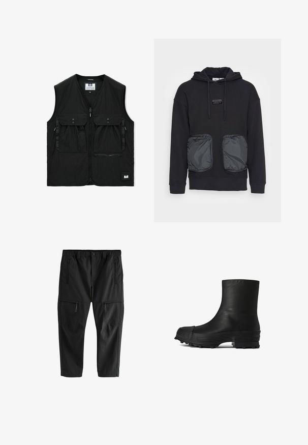 Zwart mouwloos vest met ritssluiting aan de voorkant, twee grote klepzakken met knopen, een ritsvak en een klein logopatch aan de zoom.; Zwarte hoodie met een ontspannen pasvorm, voorzien van twee grote met rits afsluitbare zakken van glanzend materiaal aan de voorkant. Klein logo-patch boven de zakken.; Zwarte lichte broek met een elastische tailleband, twee zijzakken met rits en twee cargozakken met rits. Glad van textuur en rechte snit.; CAMPERLAB TRAKTORI - Lage laarzen - schwarz