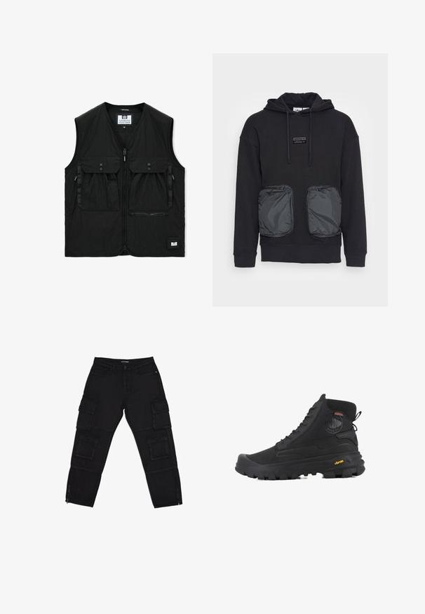 Chaleco negro sin mangas con cremallera frontal, dos grandes bolsillos con solapa y botones, un bolsillo con cremallera y un pequeño parche con el logo en el dobladillo.; Sudadera negra con capucha y corte holgado, con dos grandes bolsillos delanteros con cremallera en un material brillante. Pequeño parche con el logo encima de los bolsillos.; Pantalones cargo negros hechos de tela duradera, con múltiples bolsillos cargo, tobillos con cremallera y piernas rectas con sutiles detalles de costura.; Botas altas negras con superficie texturizada, que cuentan con un diseño impermeable, sistema de cordones y una suela de goma prominente con la marca Vibram.