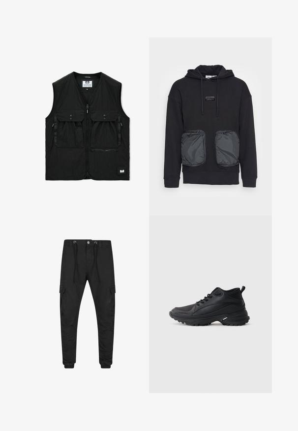 Chaleco negro sin mangas con cremallera frontal, dos grandes bolsillos con solapa y botones, un bolsillo con cremallera y un pequeño parche con el logo en el dobladillo.; Sudadera negra con capucha y corte holgado, con dos grandes bolsillos delanteros con cremallera en un material brillante. Pequeño parche con el logo encima de los bolsillos.; Pantalones cargo negros entallados con puños elásticos, cierre frontal de botón y cremallera, cintura con cordón y bolsillos con solapa en cada muslo.; Zapatillas deportivas negras hechas de material sintético. Presentan un cuello acolchado, puntera redonda, suela resistente con tracción y detalle del logo de la marca.