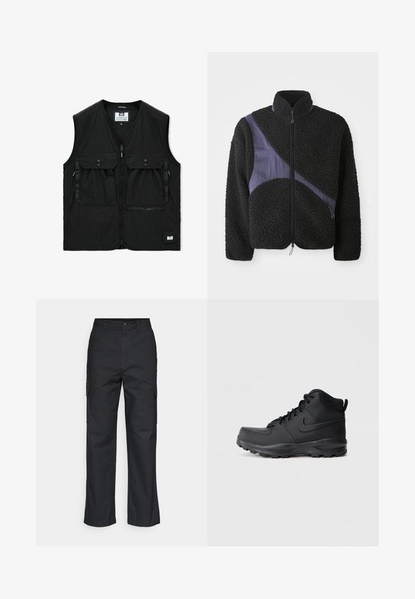 Sort ærmeløs vest med lynlås foran, to store klaplommer med knapper, en lynlåslomme og et lille logopatch ved kanten.; Sort fleecejakke med en diagonal lilla nylonaccent, høj krave, lynlås lukning og tekstureret stof for varme.; Sorte cargo bukser med lige ben i designet, der har sidelommer og et tekstureret stof. Knaplukning i taljen for en sikker pasform.; Sort high-top sneakers med en glat syntetisk overdel, rund tå, polstret krave og tekstureret gummisål. Har snørebåndsdesign og logoaccent.