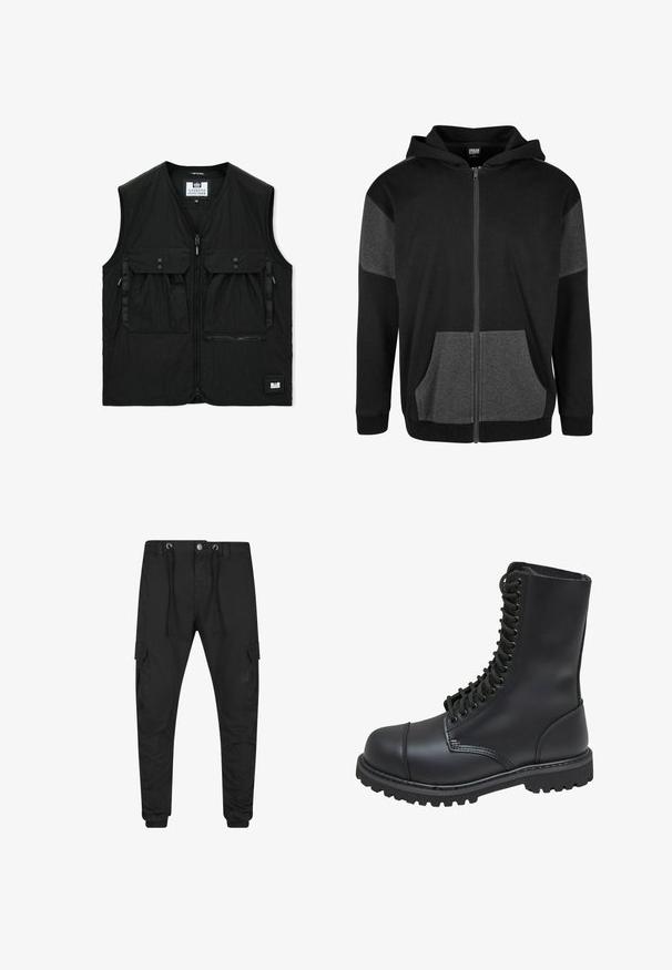Zwart mouwloos vest met ritssluiting aan de voorkant, twee grote klepzakken met knopen, een ritsvak en een klein logopatch aan de zoom.; Zwarte zip-up hoodie met grijze accenten. Zacht materiaal, voorzakken en een capuchon met trekkoord. Eenvoudige, strakke lijnen en modern ontwerp.; Zwarte cargobroek met trekkoord in de taille, knoopsluiting, zijflapzakken en elastische boorden.; Zwarte leren gevechtslaars met een hoge schacht, vetersluiting aan de voorkant, gewatteerde kraag en een stevige, gestructureerde zool voor grip. Bevat een versterkte neus.