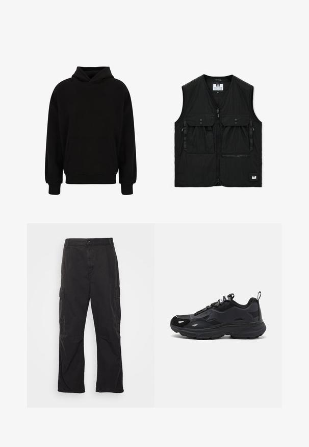 Zwart mouwloos vest met ritssluiting aan de voorkant, twee grote klepzakken met knopen, een ritsvak en een klein logopatch aan de zoom.; Zwarte pullover hoodie met een voorzak, ribgebreide manchetten en zoom. Gemaakt van zachte stof; heeft een relaxed fit en een verstelbare capuchon.; Zwarte cargobroek met een rechte pijpontwerp, voorzien van twee zijzakken, een knoopsluiting en een gestructureerde stof.; Zwarte hardloopschoen met een gestructureerde bovenkant, gladde synthetische accenten, dikke zool en reflecterende details. Bevat een vetersluiting en een trekband.