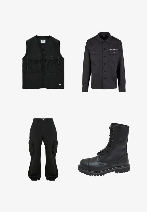Must musta vest esikattega lukuga, kahe suure nupuga kaantega taskuga, ühe lukuga tasku ja väikese logoplaadiga ääres.; Mustast turvajope, mis on valmistatud puuvilla ja sünteetilise kiudude segust, kahel eesmiselTaskul, nupuga esitamine ja "TURVA" trükitud valge värviga rinnal.; Mustad vabalt istuvad mustad cargo püksid, millel on kaks külgpocketit, elastsed mansetid pahkluude juures ja nupuga kinni pandav vöökoht.; Mustmust musta sõjaväe king, millel on kõrge varreosa, nöörimise esiosa, pehmendatud krae ja robustne tekstuuriga tall, et tagada haardumine. Omab tugevdatud varvaste osa.