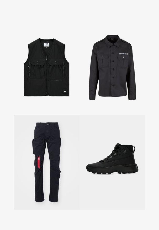 Chaleco negro sin mangas con cremallera frontal, dos grandes bolsillos con solapa y botones, un bolsillo con cremallera y un pequeño parche con el logo en el dobladillo.; Chaqueta de seguridad negra hecha de una mezcla de algodón, con dos bolsillos frontales, cierre de botones y la palabra "SEGURIDAD" impresa en blanco en el pecho.; Pantalones cargo negros con múltiples bolsillos laterales, un pasador para cinturón y una etiqueta de tela roja en el lado izquierdo. Hechos de un material de algodón duradero.; Zapatillas deportivas negras de caña alta con un upper sintético texturizado, featuring ojales de metal, cordones negros y una suela de goma con patrones de tracción.