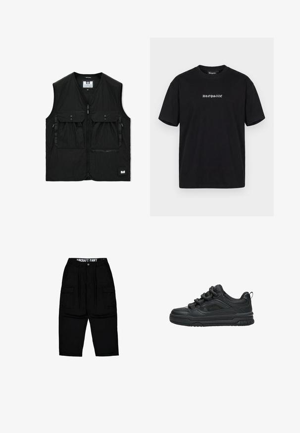 Schwarze ärmellose Weste mit Frontreißverschluss, zwei großen Klappentaschen mit Knöpfen, einer Reißverschlusstasche und einem kleinen Logoaufnäher am Saum.; Schwarzes kurzärmeliges T-Shirt mit weißem gotischem Schriftzug „DROPSIZE“ mittig auf der Brust und einem schwarzen Etikett mit demselben Schriftzug im Kragen.; Schwarze Cargo-Hose mit Gürtelschlaufen, Frontknopf, Reißverschluss, seitlichen Klappentaschen und dem Aufdruck "AIRCRAFT PANT" am inneren Bund.; Schwarzer Low-Top-Sneaker mit dicker Sohle, gepolstertem Kragen, Mesh-Einsätzen und kräftigen Schnürsenkeln, dargestellt vor weißem Hintergrund.