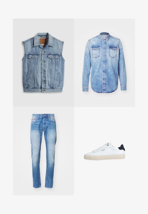 Denimvest i lyseblå med spidse krave, knapper foran, to brystlommer og sidelommer; har et lædermærke med mærket.; Lysblå denimskjorte med lange ærmer, knap-ned krave, to brystlommer og kontrastsyetning. Rundet kant og klassisk pasform.; Lysblå denimjeans med slim fit, der har slidte områder, et revne på venstre knæ og fem-lomme stil.; Hvid lavtop-sneaker med beige sål, hvide snørebånd, sort hælkappe og "Pepe Jeans London"-logo på siden.