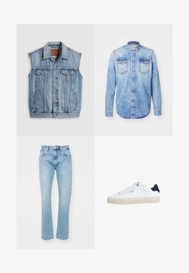 Vaaleansininen farkkuliivi, jossa on terävä kaulus, edessä nappikiinnitys, kaksi rintataskua ja sivutaskut; ominaisuuksiin kuuluu nahkainen merkkipatchi.; Vaaleansininen farkkupaita, jossa on pitkät hihat, napitettava kaulus, kaksi rintataskua ja erottuva ommel. Pyöristetty helma ja klassinen malli.; Vaaleansiniset farkut suoralla lahkeella, joissa on nappisuljenta, viisi taskua ja hieno kuluminen tekstuuria varten.; Valkoinen matalakärkinen lenkkari, jossa on beige pohja, valkoiset nauhat, musta kantapään lenkki ja "Pepe Jeans London" -logo sivussa.