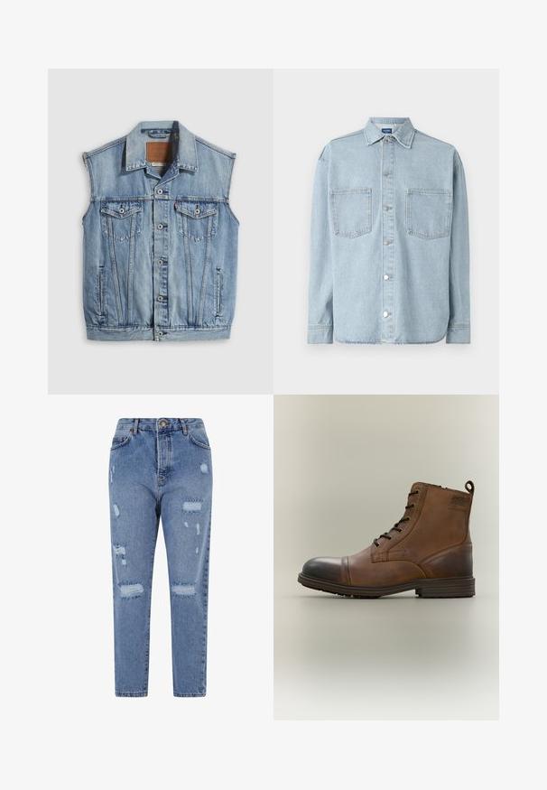 Jeansweste in Hellblau mit spitzem Kragen, vorderer Knopfleiste, zwei Brusttaschen und Seitentaschen; mit Leder-Branding-Patch versehen.; Helleblaue Jeanshemd mit langen Ärmeln, Knopfverschluss, zwei Brusttaschen und klassischem Kragen. Strukturierter Stoff mit geradem Saum.; Hellblaue Denim-Jeans mit hoher Taille, geradem Bein und einem verwaschenen Design, das Risse und fransige Kanten aufweist.; Brauner Leder-Schnürstiefel bis zum Knöchel mit schwarzer Zehenkappe, runder Sohle und Markenlabel an der Seite vor schlichtem Hintergrund.