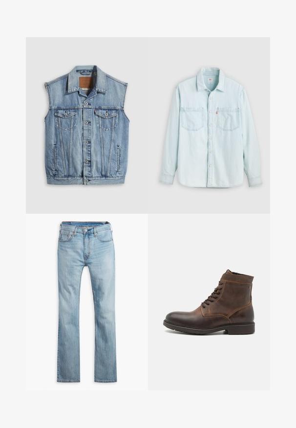 Denimvest in lichtblauw met een puntige kraag, knoopsluiting aan de voorkant, twee borstzakken en zijzakken; voorzien van een lederen merkpatch.; Lichtblauw denim overhemd met lange mouwen, knopen aan de voorkant, twee borstzakken en een kraag, afgebeeld tegen een effen lichte achtergrond.; Lichtblauwe denim jeans, rechte pijpen, met vijf zakken, contrasterende stiksels en een knoopsluiting bij de tailleband.; Jack & Jones JFWDELANEY BOOT - Veterboots - cognac
