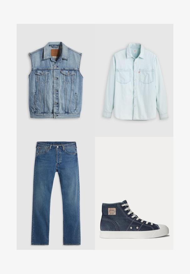 Jeansweste in Hellblau mit spitzem Kragen, vorderer Knopfleiste, zwei Brusttaschen und Seitentaschen; mit Leder-Branding-Patch versehen.; Hellblaues Denim-Langarmhemd mit Knopfleiste vorne, zwei Brusttaschen und Kragen, vor einem einfarbigen hellen Hintergrund gezeigt.; Blaue geradlinige Jeans aus Denim mit fünf Taschen, Gürtelschlaufen sowie einem Verschluss mit Knopf und Reißverschluss auf einem schlichten Hintergrund.; Marineblaue High-Top-Sneaker mit weißen Schnürsenkeln, weißer Gummisohle, Metallösen und einem kleinen beigen Markenpatch im Knöchelbereich.