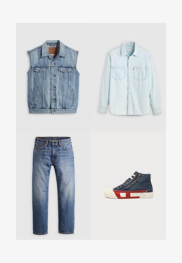 Veste en jean bleu clair avec col pointu, fermeture avant par boutons, deux poches poitrine et poches latérales ; comporte un écusson de marque en cuir.; Chemise en jean bleu clair à manches longues avec boutons sur le devant, deux poches poitrine et un col, présentée sur un fond clair uni.; Jeans en denim bleu à jambe droite avec fermeture à bouton et fermeture éclair, cinq poches et coutures orange sur un fond gris clair.; Baskets montantes en tissu denim bleu, lacets blancs, fermeture éclair latérale et semelle rouge et blanche sur fond uni.
