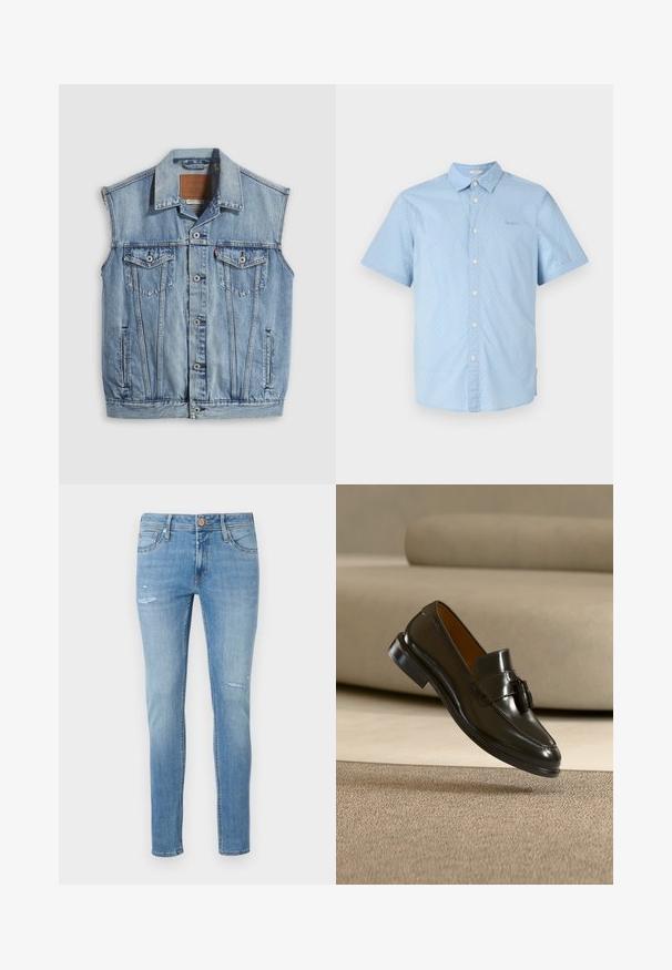 Veste en jean bleu clair avec col pointu, fermeture avant par boutons, deux poches poitrine et poches latérales ; comporte un écusson de marque en cuir.; Chemise à manches courtes bleu clair avec des pois blancs, boutonnée sur le devant, col classique et détail de logo subtil sur la poitrine.; Jean en denim bleu clair avec une coupe slim, présentant des détails légèrement déchirés et un design à cinq poches, fini par une fermeture à bouton standard.; Mocassin en cuir noir avec pompons flottant au-dessus d'un tapis beige avec un canapé beige en arrière-plan.