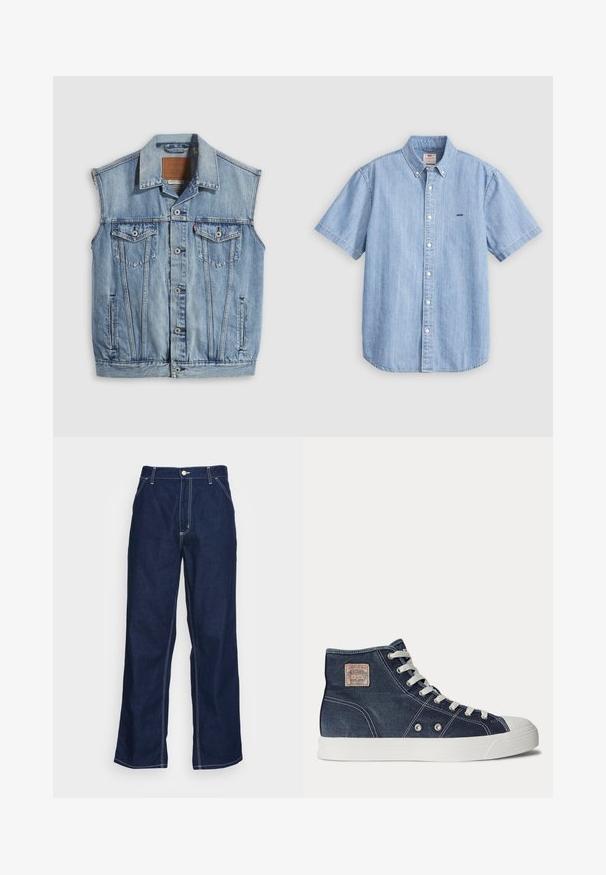 Jeansweste in Hellblau mit spitzem Kragen, vorderer Knopfleiste, zwei Brusttaschen und Seitentaschen; mit Leder-Branding-Patch versehen.; Hellblaues Denim-Kurzarmhemd mit Button-Down-Kragen, vorderen Knöpfen und kleinem Logo auf der linken Brust. Glatte Textur.; Dunkelblaue Denim-Hosen mit weitem Bein, hoher Taille, Fronttaschen und kontrastierendem weißen Nähten entlang der Säume.; Marineblaue High-Top-Sneaker mit weißen Schnürsenkeln, weißer Gummisohle, Metallösen und einem kleinen beigen Markenpatch im Knöchelbereich.