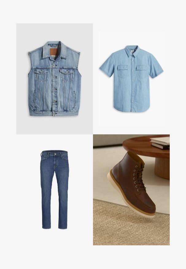 Jeansweste in Hellblau mit spitzem Kragen, vorderer Knopfleiste, zwei Brusttaschen und Seitentaschen; mit Leder-Branding-Patch versehen.; Himmelblaues kurzärmliges Hemd mit Knopfleiste aus Denim, ausgestattet mit zwei Brusttaschen mit vertikaler Naht und klassischem Kragen.; Herren Jeans aus blauem Denim mit geradem Bein, fünf Taschen und klassischem Knopf- und Reißverschluss.; Braune Leder-Ankle-Boots mit beiger Sohle auf einem strukturierten beigen Teppich neben einem runden Holztisch mit gestapelten Büchern.