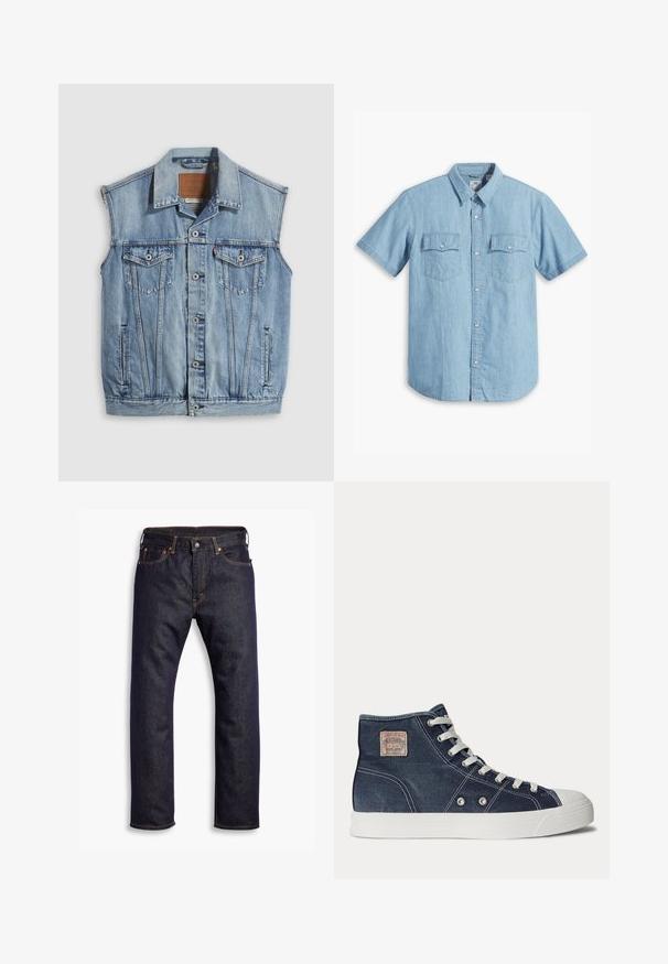 Denimvest in lichtblauw met een puntige kraag, knoopsluiting aan de voorkant, twee borstzakken en zijzakken; voorzien van een lederen merkpatch.; Lichtblauw kortekim mouw overhemd met knopen, gemaakt van denim, met twee borstzakken met verticale stiksels en een klassieke kraag.; Donkerblauwe recht gesneden denim jeans met vijf zakken en oranje contrasterende stiknaden, plat gelegd op een witte achtergrond.; Marineblauwe hoge sneaker met witte veters, witte rubberen zool, metalen oogjes en een klein beige merklabel op het enkelgebied.