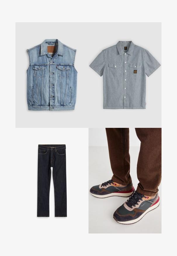 Jeansweste in Hellblau mit spitzem Kragen, vorderer Knopfleiste, zwei Brusttaschen und Seitentaschen; mit Leder-Branding-Patch versehen.; Kurzärmeliges Hemd zum Knöpfen mit dünnen vertikalen blauen und weißen Streifen, zwei geknöpften Brusttaschen und einem kleinen rechteckigen Logopatch auf der linken Tasche.; Dunkelblaue, gerade geschnittene Jeans aus Denim mit Fronttaschen, Gürtelschlaufen und kontrastierendem orangefarbenem Nähen, flach auf weißem Hintergrund ausgelegt.; Sneaker mit einer Mischung aus grauem Mesh, dunkelblauem Wildleder und burgunderfarbenen Akzenten. Verfügt über ein Schnürdesign und auffällige Markenkennzeichnung an der Seite.