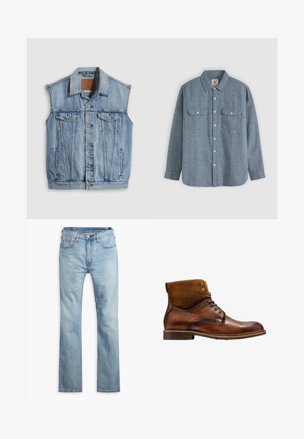 Jeansweste in Hellblau mit spitzem Kragen, vorderer Knopfleiste, zwei Brusttaschen und Seitentaschen; mit Leder-Branding-Patch versehen.; Blau kariertes Langarmhemd aus strukturiertem Stoff, mit einem Button-Down-Kragen, zwei Brusttaschen und hellen Knöpfen.; Hellblaue Jeans aus Denim, mit geradem Bein, fünf Taschen, kontrastierenden Nähten und einem Knopfverschluss am Bund.; Kazar ALID - Schnürstiefelette - brown