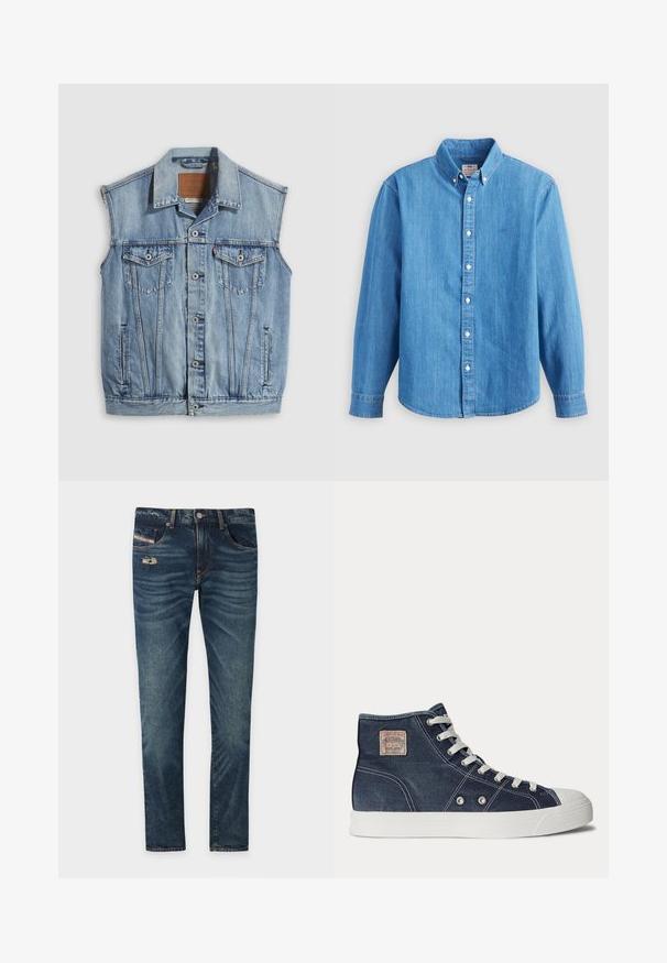 Chaleco vaquero en azul claro con cuello puntiagudo, cierre frontal con botones, dos bolsillos en el pecho y bolsillos laterales; cuenta con una etiqueta de cuero con la marca.; Camisa de mezclilla azul claro con mangas largas, cuello abotonado y botones blancos. Presenta un pequeño logo bordado en el pecho.; Jeans de denim azul oscuro con un acabado ligeramente deslavado, que presentan un detalle desgate en la parte frontal y cinco bolsillos, incluyendo un pequeño bolsillo para monedas.; Zapatilla deportiva de caña alta azul marino con cordones blancos, suela de goma blanca, ojales metálicos y una pequeña etiqueta de marca beige en la zona del tobillo.