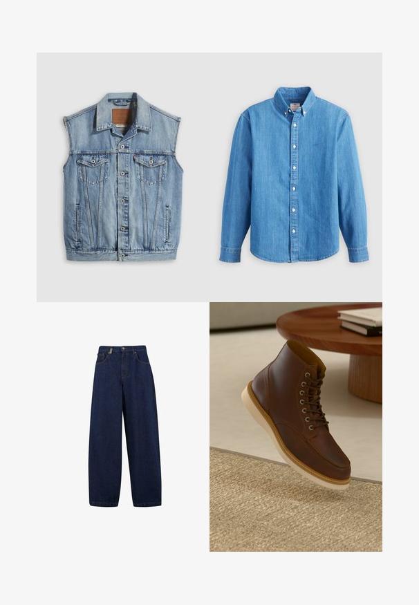 Jeansweste in Hellblau mit spitzem Kragen, vorderer Knopfleiste, zwei Brusttaschen und Seitentaschen; mit Leder-Branding-Patch versehen.; Hellblaues Jeanshemd mit langen Ärmeln, button-down Kragen und weißen Knöpfen. Verfügt über ein kleines besticktes Logo auf der Brust.; Lässige, dunkelblaue Denim-Jeans mit hoher Taille, Fronttaschen und geradem Bein. Enthält silberfarbene Hardware und minimalistische Nähte.; Braune Leder-Ankle-Boots mit beiger Sohle auf einem strukturierten beigen Teppich neben einem runden Holztisch mit gestapelten Büchern.