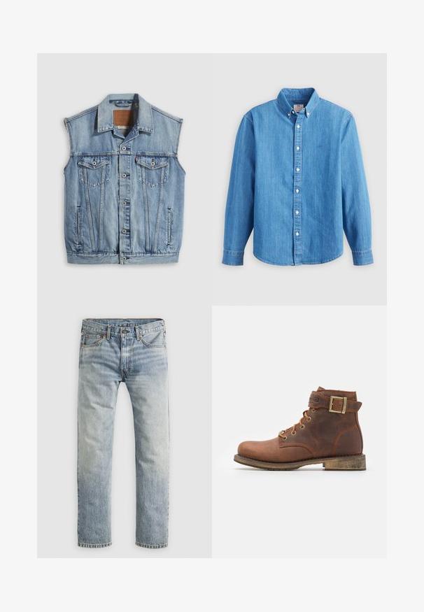 Denimvest in lichtblauw met een puntige kraag, knoopsluiting aan de voorkant, twee borstzakken en zijzakken; voorzien van een lederen merkpatch.; Lichtblauw denim overhemd met lange mouwen, button-down kraag en witte knopen. Heeft een klein geborduurd logo op de borst.; Lichtblauwe denim jeans met rechte pijpen, met knoopsluiting, voorzakken en riemlussen, plat weergegeven op witte achtergrond.; Harley Davidson VNTGMOTO SHORT RIDING APPROVED - Cowboy-/Bikerlaarsjes - brown