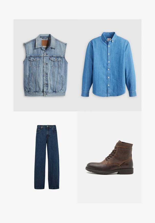 Chaleco vaquero en azul claro con cuello puntiagudo, cierre frontal con botones, dos bolsillos en el pecho y bolsillos laterales; cuenta con una etiqueta de cuero con la marca.; Camisa de mezclilla azul claro con mangas largas, cuello abotonado y botones blancos. Presenta un pequeño logo bordado en el pecho.; Vaqueros de mezclilla en azul oscuro, con un corte de pierna ancha, diseño de cinco bolsillos y un cierre clásico de botón con cremallera de metal.; Jack & Jones JFWDELANEY BOOT - Botines con cordones - cognac