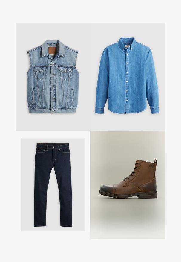 Jeansweste in Hellblau mit spitzem Kragen, vorderer Knopfleiste, zwei Brusttaschen und Seitentaschen; mit Leder-Branding-Patch versehen.; Hellblaues Jeanshemd mit langen Ärmeln, button-down Kragen und weißen Knöpfen. Verfügt über ein kleines besticktes Logo auf der Brust.; Levi's® 510® SKINNY - Jeans Skinny Fit - dark hollow; Brauner Leder-Schnürstiefel bis zum Knöchel mit schwarzer Zehenkappe, runder Sohle und Markenlabel an der Seite vor schlichtem Hintergrund.