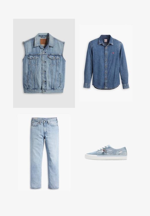 Jeansweste in Hellblau mit spitzem Kragen, vorderer Knopfleiste, zwei Brusttaschen und Seitentaschen; mit Leder-Branding-Patch versehen.; Dunkelblauses Denimhemd mit Button-Down-Kragen, langen Ärmeln, gestickten Akzenten und einem kleinen roten Logo im Bereich der Brusttasche.; Hellblaue Denim-Jeans mit geradem Bein, fünf Taschenstil und robusten Nähten. Ausgestattet mit einem Reißverschluss und einem Metallknopf.; Niedriger Sneaker aus hellblauem Denim mit weißer Gummisohle, weißen Schnürsenkeln und dekorativen Anhängern, die an den seitlichen Ösen hängen.