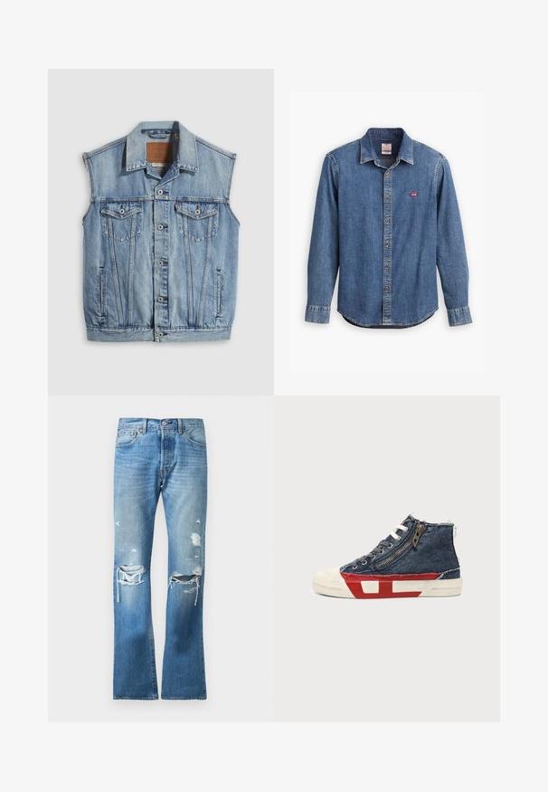 Chaleco vaquero en azul claro con cuello puntiagudo, cierre frontal con botones, dos bolsillos en el pecho y bolsillos laterales; cuenta con una etiqueta de cuero con la marca.; Camisa de mezclilla en azul oscuro con cuello abotonado, mangas largas, detalles cosidos y un pequeño logo rojo en el área del bolsillo del pecho.; Jeans de mezclilla azules de pierna recta con un lavado descolorido y múltiples desgastes en ambas rodillas y muslos superiores.; Zapatilla deportiva de caña alta con tela vaquera azul, cordones blancos, cremallera lateral y diseño de suela en rojo y blanco sobre un fondo liso.